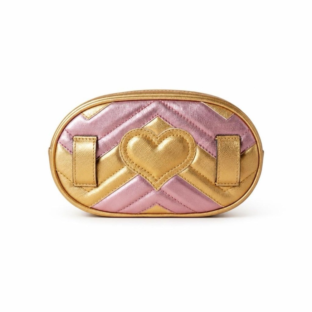 Gucci Belt Bag Womens OS Gold Pink Excellent GG Marmont Matelasse Heart Metallic